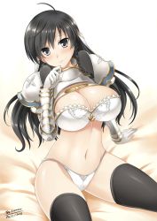Rule 34 | 10s, 1girl, armor, black hair, blush, bra, braid, breasts, cleavage, copyright request, cross, cross earrings, earrings, gauntlets, grey eyes, highres, jewelry, large breasts, lingerie, long hair, looking at viewer, navel, panties, shining (series), shining hearts, shining resonance, solo, sonia blanche, the-sinnerz, thighhighs, underwear