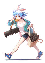 Rule 34 | 1girl, alternate costume, animal ears, aqua jacket, bag, blue footwear, blue hair, commentary request, denim, denim shorts, facing viewer, food in mouth, full body, hand up, highres, holding, holding bag, hololive, jacket, long sleeves, looking ahead, off shoulder, open clothes, open jacket, rabbit ears, rocket launcher, shirt, shoes, short hair, short shorts, shorts, simple background, solo, standing, usada pekora, virtual youtuber, walking, weapon, white background, white shirt, yami ara, yellow eyes