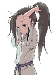 Rule 34 | 10s, 1girl, absurdres, brown eyes, brown hair, commentary request, forehead, from side, hands up, highres, kunoichi tsubaki no mune no uchi, long hair, mouth hold, ponytail, robe, sash, simple background, sleepy, solo, standing, tsubaki (kunoichi tsubaki no mune no uchi), very long hair, white background, wide sleeves, yamamoto souichirou