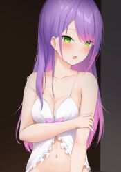 Rule 34 | 1girl, blush, breasts, cleavage, collarbone, colored inner hair, commentary request, highres, holding own arm, hololive, long hair, looking at viewer, medium breasts, multicolored hair, navel, parted lips, pink hair, pointy ears, purple hair, shirayuiii, sidelocks, solo, streaked hair, tokoyami towa, virtual youtuber