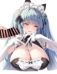 Rule 34 | 1girl, animal, animal ear fluff, apron, blue hair, breasts, censored, cum, cum on body, cum on breasts, cum on upper body, facial, gloves, goddess of victory: nikke, heart, heart hands, highres, large breasts, looking to the side, maid, maid apron, official alternate costume, penis, privaty (nikke), privaty (unkind maid) (nikke), twintails, yatanukikey, yellow eyes