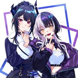 Rule 34 | 2girls, absurdres, alternate costume, alternate hairstyle, asymmetrical horns, black hair, blue hair, breasts, casual, colored inner hair, demon horns, fur-trimmed jacket, fur-trimmed sleeves, fur trim, hair ornament, hair up, highres, hololive, hololive english, horns, jacket, long hair, looking at viewer, medium breasts, mole, mole under eye, multicolored hair, multiple girls, nerissa ravencroft, red eyes, shiori novella, smile, tank top, two-tone hair, uneven horns, virtual youtuber, yomosaka