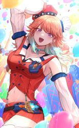 Rule 34 | 1girl, adjusting clothes, adjusting headwear, aqua hair, arm up, blush, breasts, crop top, detached sleeves, dodon gadon, highres, hololive, hololive english, large breasts, long hair, long sleeves, looking at viewer, navel, open mouth, orange hair, purple eyes, shorts, smile, solo, takanashi kiara, teeth, thighhighs, upper teeth only, virtual youtuber, white thighhighs