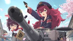 Rule 34 | 2girls, animal ears, arm up, armband, artist request, black ribbon, blue archive, blue sky, book, cherry blossoms, fang, gun, halo, handgun, hat, highres, iroha (blue archive), jacket, japanese clothes, kaede (blue archive), kinari an, miko, military, military hat, military jacket, military uniform, military vehicle, motor vehicle, multiple girls, o o, open clothes, open jacket, open mouth, outdoors, peaked cap, red hair, ribbon, safety pin, school uniform, sky, sweatdrop, tank, tiger i, tree, uniform, walther, walther p38, weapon