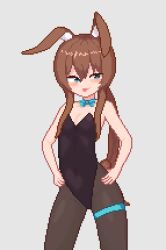 Rule 34 | 1girl, :p, amiya (arknights), animal ears, animated, animated gif, arknights, black leotard, blue bow, blue bowtie, bow, bowtie, breasts, brown hair, chinese commentary, commentary request, half-closed eyes, hands on own thighs, leotard, long hair, looking at viewer, naughty face, pantyhose, pawamo power, pixel art, rabbit ears, small breasts, solo, strapless, strapless leotard, thigh strap, tongue, tongue out