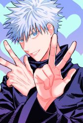 Rule 34 | 1boy, black jacket, blue eyes, colored eyelashes, commentary request, double v, fushirun rung, gojou satoru, grin, hair between eyes, hands up, heart, heart background, high collar, highres, jacket, jujutsu kaisen, korean commentary, long sleeves, looking at viewer, male focus, short hair, smile, solo, v, white hair