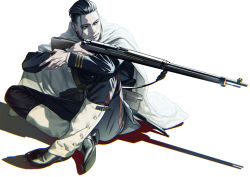 Rule 34 | 1boy, aiming, arisaka, beard, belt, belt pouch, black eyes, black footwear, black hair, blue jacket, blue pants, bolt action, buttons, chromatic aberration, cloak, expressionless, facial hair, facial scar, full body, gaiters, golden kamuy, gun, hair slicked back, hair strand, half-closed eyes, hands up, head tilt, highres, holding, holding gun, holding own arm, holding weapon, imperial japanese army, indian style, jacket, knee up, long sleeves, looking to the side, male focus, military, military uniform, ogata hyakunosuke, pants, pouch, rifle, scar, scar on cheek, scar on face, shadow, short hair, simple background, sitting, solo, strap, trigger discipline, undercut, uniform, w55674570w, weapon, white background, white cloak