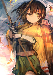 Rule 34 | 1girl, absurdres, arrow (projectile), bow (weapon), brown hair, brown theme, commentary request, flight deck, green skirt, hair between eyes, hakama, hakama short skirt, hakama skirt, highres, hiryuu (kancolle), holding, holding bow (weapon), holding weapon, japanese clothes, kaamin (mariarose753), kantai collection, serious, short hair, side ponytail, skirt, solo, weapon, wide sleeves
