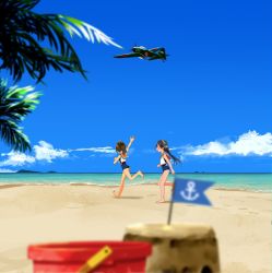 Rule 34 | 2girls, aircraft, aircraft request, airplane, anchor symbol, annin musou, bad id, bad twitter id, barefoot, beach, black hair, blouse, blue one-piece swimsuit, blue sky, blurry, brown eyes, brown hair, bucket, cloud, commentary request, day, depth of field, flag, hair ornament, hairclip, headgear, highres, i-400 (kancolle), i-401 (kancolle), kantai collection, long hair, multiple girls, one-piece swimsuit, open mouth, orange sailor collar, outdoors, palm tree, ponytail, running, sailor collar, sand castle, sand sculpture, scenery, school swimsuit, shirt, short hair, short ponytail, sky, sleeveless, sleeveless shirt, swimsuit, swimsuit under clothes, tan, tree, waving, white shirt