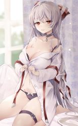 Rule 34 | 1girl, :d, bad id, bad twitter id, bare shoulders, barefoot, blurry, blurry background, bow, bra, breasts, cleavage, collar, commentary request, curtains, depth of field, floral print, fujiwara no mokou, groin, hair bow, highres, hiiro60, large breasts, leg belt, light blush, long hair, long sleeves, looking at viewer, multi-tied hair, off shoulder, open mouth, panties, red bow, seiza, silver hair, sitting, smile, solo, suspenders, touhou, unbuttoned, unbuttoned shirt, underwear, very long hair, white bow