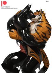 Rule 34 | 2boys, absurdres, animal ears, bara, blush, bodysuit, feet out of frame, french kiss, from side, furry, furry male, furry with furry, highres, kiss, large pectorals, latex, latex bodysuit, lemontree (cxcxxcxxxx), male focus, monster boy, multiple boys, muscular, muscular male, orange fur, original, pectorals, profile, saliva, short hair, slime boy, thick thighs, thighs, tiger boy, tiger ears, white fur, yaoi