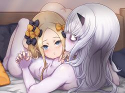 Rule 34 | 2girls, abigail williams (fate), bad id, bad pixiv id, bed, black bow, blonde hair, blush, bow, breast sucking, breasts, constricted pupils, eyes visible through hair, fate/grand order, fate (series), female focus, girl on top, hair bow, holding hands, highres, interlocked fingers, lavinia whateley (fate), long hair, looking at another, lying, multiple girls, nipples, nude, on back, on bed, orange bow, pale skin, pillow, pink eyes, polka dot, polka dot bow, polka dot pillow, profile, saliva, small breasts, white hair, yas (35373), yuri