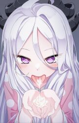 Rule 34 | 1girl, alternate costume, blue archive, cum, cum in mouth, hands up, highres, hina (blue archive), horns, long hair, nenosame, pajamas, purple eyes, solo, upper body, white hair