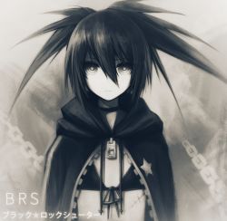Rule 34 | 1girl, asymmetrical hair, bikini, bikini top only, black bikini, black coat, black hair, black ribbon, black rock shooter, black rock shooter (character), character name, choker, closed mouth, coat, copyright name, female focus, front-tie bikini top, front-tie top, grey background, grey eyes, hair between eyes, highres, long hair, looking at viewer, ly (pixiv13839236), monochrome, ribbon, scar, solo, spiked hair, swimsuit, twintails, upper body, zipper
