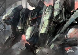 Rule 34 | armored core, armored core 6, glowing, glowing eye, hukutuuprunes, mecha, mecha focus, no humans, pile bunker, raven (armored core 6), red eyes, robot, science fiction, signature, weapon