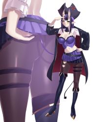 Rule 34 | 1girl, ass, belt, blush, boots, breasts, captain hannah, cleavage, coat, covering own eyes, demon tail, hand on own hip, hat, highres, horns, indie virtual youtuber, kurozawa yui, large breasts, leaning, looking at viewer, midriff, miniskirt, nail polish, navel, oni horns, pale skin, pantyhose, pirate hat, pleated skirt, pointy ears, purple eyes, purple hair, single thigh boot, skindentation, skirt, solo, tail, thigh belt, thigh boots, thigh strap, virtual youtuber, white background, zoom layer