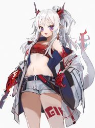 Rule 34 | 1girl, arknights, armpits, bandeau, bare shoulders, braid, breasts, cowboy shot, highres, holding, horns, jacket, long hair, long sleeves, looking at viewer, mid (gameshe), midriff, multicolored hair, navel, nian (arknights), off shoulder, open clothes, open jacket, open mouth, pointy ears, ponytail, purple eyes, short shorts, shorts, sidelocks, simple background, small breasts, smile, solo, standing, stomach, streaked hair, tail, thighs, white background, white hair, white jacket, white shorts, wide sleeves
