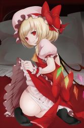 Rule 34 | 1girl, ass, bad ass, bat wings, black legwear, blonde hair, bow, clothes lift, crystal, fang, fang out, flandre scarlet, full body, hat, hat bow, lifting own clothes, looking at viewer, looking back, mob cap, no shoes, panties, puffy short sleeves, puffy sleeves, red bow, red eyes, red skirt, red vest, shirt, short sleeves, sitting, skirt, skirt lift, skirt set, solo, touhou, underwear, utakata (kochou no yume), vest, white panties, white shirt, wings, wrist cuffs