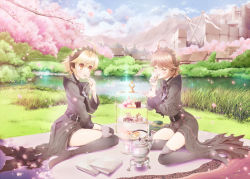 Rule 34 | 2girls, character request, cherry blossoms, eating, fantasy earth zero, food, landscape, multiple girls, picnic, ryouku, scenery, thighhighs