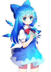 Rule 34 | 1girl, absurdres, alternate hair length, alternate hairstyle, blue bow, blue dress, blue eyes, blue flower, blue hair, blue wings, blush, bow, breasts, cirno, closed mouth, collared shirt, detached wings, dress, flower, hair bow, highres, holding, holding flower, ice, ice wings, long hair, looking at viewer, pleated dress, puffy short sleeves, puffy sleeves, red bow, shirt, short sleeves, simple background, sleeveless, sleeveless dress, small breasts, solo, touhou, very long hair, white background, white shirt, wings, yuujin (yuzinn333)