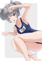 Rule 34 | 1girl, absurdres, aqua neckerchief, barefoot, blue one-piece swimsuit, full body, grey eyes, grey hair, headgear, highres, i-36 (kancolle), kantai collection, looking at viewer, lying, name tag, neckerchief, old school swimsuit, on side, one-piece swimsuit, one eye closed, school swimsuit, shirt, short hair, solo, sukimizaki, swimsuit, twintails, twitter username