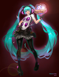 Rule 34 | 1girl, absurdres, alternate costume, aqua hair, artist request, hand on own hip, hatsune miku, highres, lens flare, logo, long hair, looking at viewer, persona, persona 4: dancing all night, persona dancing, skirt, smile, solo, sparkle, twintails, very long hair, vocaloid