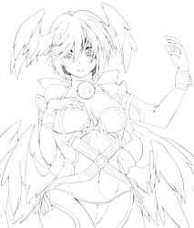 Rule 34 | 1girl, arm up, bare shoulders, breasts, cleavage, elbow gloves, gloves, greyscale, head wings, highres, large breasts, lilith (shinrabanshou), lineart, looking at viewer, midriff, monochrome, navel, panties, pointy ears, shinrabanshou, sho-1, short hair, side-tie panties, solo, underwear, wings