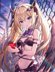 Rule 34 | 1girl, akabane (zebrasmise), apple, arm strap, armpit crease, backlighting, bare shoulders, black bra, black choker, black panties, blonde hair, blue eyes, bow, bowtie, bra, breasts, chain-link fence, choker, cowboy shot, demon girl, demon horns, demon tail, demon wings, feathered wings, fence, food, frilled bra, frilled panties, frills, front-tie bra, front-tie top, fruit, hair ornament, hair ribbon, hairclip, halo, highres, holding, horns, lingerie, long hair, looking at viewer, navel, original, outdoors, panties, parted lips, pointy ears, ribbon, small breasts, solo, stomach, sunlight, tail, underwear, underwear only, very long hair, wings, wrist cuffs