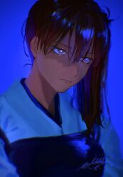 Rule 34 | 1girl, aupt31, blue background, brown hair, closed mouth, commentary request, eyelashes, glowing, glowing eyes, hair between eyes, highres, japanese clothes, kaga (kancolle), kantai collection, kimono, long hair, muneate, side ponytail, signature, simple background, solo, upper body