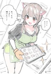 Rule 34 | 1girl, :d, animal ear fluff, animal ears, apron, black shirt, blush, breasts, brown eyes, brown hair, cat ears, chikuwa., cleavage, collarbone, commentary request, green apron, green shorts, hair ornament, hairclip, highres, holding, indoors, long hair, long sleeves, medium breasts, open mouth, original, oven mitts, shirt, short shorts, shorts, sketch, smile, solo, sparkle, translation request