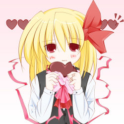 Rule 34 | 1girl, ascot, atapon, blonde hair, candy, chocolate, chocolate heart, eating, embodiment of scarlet devil, female focus, food, hair ribbon, heart, red eyes, ribbon, rumia, solo, touhou, valentine, wavy mouth