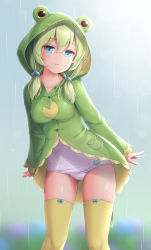 Rule 34 | 1girl, animal hood, blue eyes, breasts, buttons, closed mouth, collarbone, commentary request, flower, frog hood, gluteal fold, green hair, green jacket, hair ornament, hair over shoulder, hood, hooded jacket, hydrangea, jacket, long hair, long sleeves, looking at viewer, medium breasts, one-piece swimsuit, original, rain, sasaame, school swimsuit, smile, solo, standing, swimsuit, swimsuit under clothes, thighhighs, thighs, water, wet, white one-piece swimsuit, yellow thighhighs