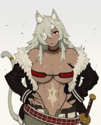 Rule 34 | 1girl, abs, animal ears, areola slip, bare shoulders, belt, black gloves, breasts, chimjoljol (cute goblin), choker, cleavage, covered erect nipples, eyepatch, fur trim, ghislaine dedoldia, gloves, hands on own hips, highres, jacket, large breasts, long hair, looking at viewer, muscular, muscular female, mushoku tensei, navel, off shoulder, platinum blonde hair, red eyes, scar, scar on face, sheath, sheathed, solo, sword, tail, thong, weapon