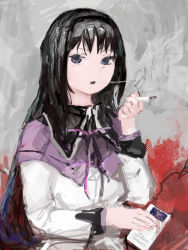 Rule 34 | 1girl, abstract, abstract background, akemi homura, akemi homura (magical girl), black hair, black hairband, cigarette, cigarette pack, collared shirt, grey background, hair between eyes, hairband, long hair, long sleeves, looking at viewer, magical girl, mahou shoujo madoka magica, mahou shoujo madoka magica (anime), multicolored background, neck ribbon, open mouth, purple eyes, purple ribbon, red background, ribbon, school uniform, serafuku, shirt, smoke, smoking, solo, the lys project, white shirt, wing collar