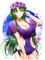 Rule 34 | 1girl, absurdres, adjusting hair, alternate costume, breasts, bubble, cecilia (fire emblem), cleavage, clothing cutout, collar, collarbone, covered navel, cropped legs, fire emblem, fire emblem: the binding blade, green eyes, green hair, grin, hand in own hair, highres, large breasts, long hair, looking at viewer, nintendo, one-piece swimsuit, purple one-piece swimsuit, side cutout, smile, solo, swimsuit, tsukimura (d24f4z8j3t), twitter username, very long hair, white background
