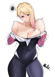 Rule 34 | 1girl, animification, blonde hair, blue eyes, bodysuit, gwen stacy, highres, marvel, mugi (mugit49), multicolored bodysuit, multicolored clothes, pink hair, spider-gwen, spider-man: into the spider-verse, spider-man (series), spider-verse, spider web print, superhero costume, two-tone bodysuit