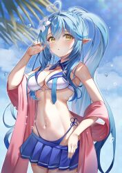 Rule 34 | 1girl, ahoge, bikini, bikini skirt, blue bikini, blue hair, blue nails, blue skirt, blurry, blurry background, blush, breasts, cleavage, clothes pull, colored tips, day, detached collar, double-parted bangs, elf, flower, hair between eyes, hair flower, hair ornament, hair over shoulder, hand up, hashtag-only commentary, heart, heart ahoge, high ponytail, highleg, highleg bikini, highres, hololive, knees out of frame, large breasts, long hair, looking at viewer, multicolored hair, navel, outdoors, palm tree, parted lips, pink shawl, pleated skirt, pointy ears, shawl, sidelocks, skirt, skirt pull, solo, standing, streaked hair, swimsuit, tree, very long hair, virtual youtuber, water drop, white bikini, white flower, yellow eyes, yoshidadon, yukihana lamy