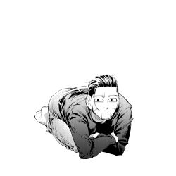 Rule 34 | 1boy, :|, barefoot, closed mouth, commentary request, crossed arms, expressionless, facial hair, feet, full body, goatee, golden kamuy, greyscale, hair slicked back, hair strand, kadzu kichi, long sleeves, looking at viewer, lying, male focus, monochrome, ogata hyakunosuke, on stomach, pants, shirt, short hair, solo, toes, undercut