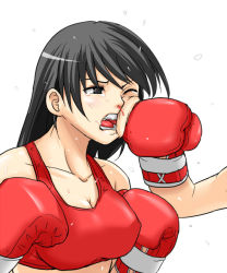 Rule 34 | 1girl, beating, black hair, blood, boxer, boxing, boxing gloves, breasts, large breasts, long hair, nosebleed, one eye closed, open mouth, pain, punching, red theme, simple background, sports bra, sweat, test (artist)