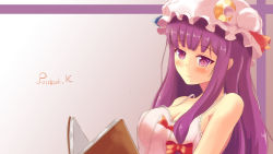Rule 34 | blush, book, breasts, camisole, character name, cleavage, crescent, hat, hat ribbon, highres, large breasts, long hair, mob cap, open book, patchouli knowledge, purple eyes, purple hair, reading, ribbon, rin (ashleyy), see-through, smile, solo, spaghetti strap, touhou, wallpaper