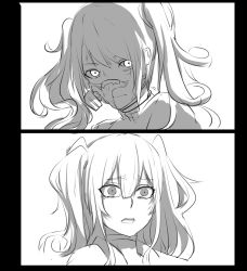 Rule 34 | 2girls, 2koma, absurdres, broken mask, chinese commentary, comic, commentary request, facial scar, gas mask, girls&#039; frontline, greyscale, highres, look-alike, m950a (girls&#039; frontline), mask, messy hair, monochrome, multiple girls, scar, scar on cheek, scar on face, scarecrow (girls&#039; frontline), twintails, white background, xiujia yihuizi