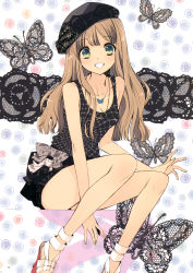 Rule 34 | 1girl, absurdres, breasts, brown hair, bug, butterfly, cleavage, green eyes, hat, highres, bug, ito noizi, long hair, long legs, nail polish, open shoes, original, sandals, sitting, smile, solo, teeth