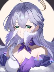 Rule 34 | 1girl, bare shoulders, breasts, choker, cleavage, commentary, detached sleeves, dress, green eyes, head wings, highres, honkai: star rail, honkai (series), i a n, long hair, looking at viewer, medium breasts, purple choker, purple hair, robin (honkai: star rail), smile, solo, strapless, strapless dress, upper body, very long hair, wings