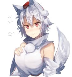 Rule 34 | 1girl, :&gt;, puff of air, animal ear fluff, animal ears, bad id, bad pixiv id, bare shoulders, blush, breasts, commentary request, cropped torso, detached sleeves, hair between eyes, hand on own chest, hat, inubashiri momiji, large breasts, long sleeves, looking at viewer, pom pom (clothes), shirt, short hair, silver hair, simple background, smile, solo, suminagashi, tail, tassel, tokin hat, touhou, upper body, v-shaped eyebrows, white background, white shirt, wide sleeves, wolf ears, wolf tail