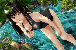 Rule 34 | 1girl, ano hito, black hair, breasts, brown hair, highres, leaning forward, long hair, looking at viewer, one-piece swimsuit, original, partially submerged, school swimsuit, smile, swimsuit, teasing, wading
