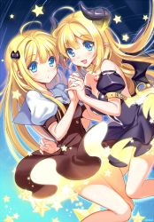 Rule 34 | 2girls, bare shoulders, blonde hair, blue eyes, cat hair ornament, choker, clothes lift, demon horns, detached sleeves, dress, dress lift, dual persona, glowing, hair ornament, heart, heart choker, highres, holding hands, horns, interlocked fingers, long hair, looking at viewer, multiple girls, open mouth, original, pointy ears, puffy short sleeves, puffy sleeves, sailor collar, short sleeves, smile, star (symbol), strapless, strapless dress, very long hair, wind, wind lift, yadamon (neverland)