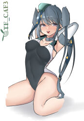 Rule 34 | 1girl, absurdres, aqua hat, arms behind head, black one-piece swimsuit, black ribbon, competition swimsuit, elbow gloves, feet out of frame, garrison cap, gloves, grey eyes, grey hair, hair ornament, hair ribbon, hat, highleg, highleg swimsuit, highres, kantai collection, kneeling, long hair, one-piece swimsuit, ribbon, scamp (kancolle), side ponytail, simple background, solo, star (symbol), star hair ornament, swimsuit, tf cafe, twitter username, white background, white gloves