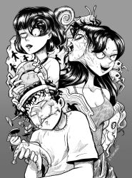 Rule 34 | 2boys, 2girls, absurdres, artist name, black hair, body horror, candle, copyright request, doll, empty eyes, evil smile, fish, frammu, grey background, highres, holding, holding doll, horror (theme), itou junji (style), junji ito collection, kawakami tomie, long hair, medium hair, monochrome, multiple boys, multiple girls, nail, shirt, short hair, smile, snail, spiral, the enigma of amigara fault, tomie, tsujii souichi, utensil in mouth, uzumaki, voodoo doll, white shirt