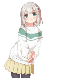 Rule 34 | 1girl, black pantyhose, blush, closed mouth, dot nose, female focus, green eyes, grey hair, hair ornament, hairclip, happy, highres, long sleeves, looking at viewer, medium hair, pantyhose, simple background, skirt, smile, solo, standing, white background, yama no susume, yukimura aoi