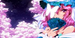 Rule 34 | 1girl, bare shoulders, blue dress, breasts, bug, butterfly, cherry blossoms, cleavage, covering face, covering own mouth, covering privates, dress, face, female focus, folding fan, hand fan, hat, insect, night, off shoulder, pink eyes, pink hair, r-ko (rayla), saigyouji yuyuko, solo, star (sky), touhou, tree